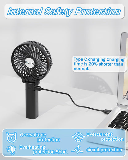 iEGrow Handheld Fan, Portable USB Mini Travel Fan with 2000mAh Rechargeable Battery, 3 Speeds Desk Fan for Home, Office and Travel-Black