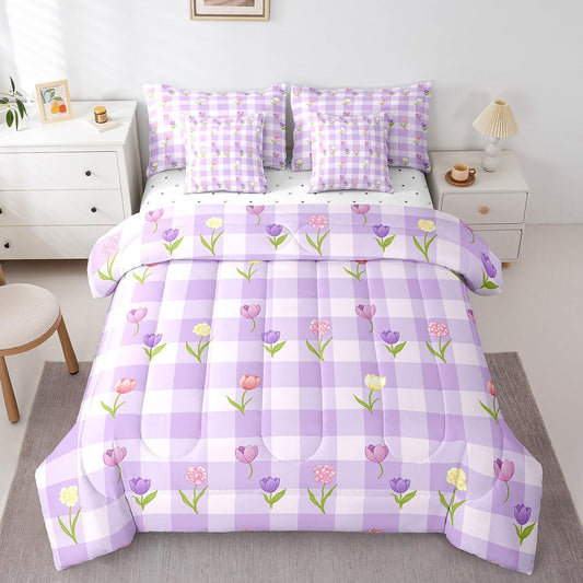 Erosebridal Tulip Twin Comforter Set 7 Piece for Kids Boys Teen Women,Colorful Flowers Girls Bedding Set Purple White Geometric Grid Bed in A Bag Spring Floral Tulip Sheet Set with Comforter
