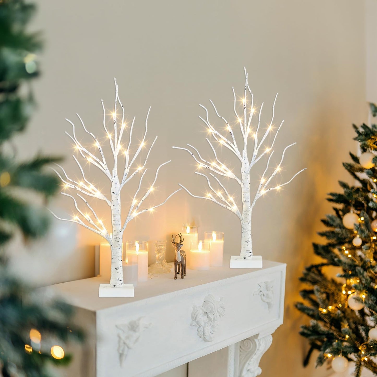 PEIDUO Home Decor, 2FT Birch Tree with LED Lights, Warm White Light up Tree Lamp, Artificial Trees for Home Table Inside, Battery Powered, Timer (2PK)