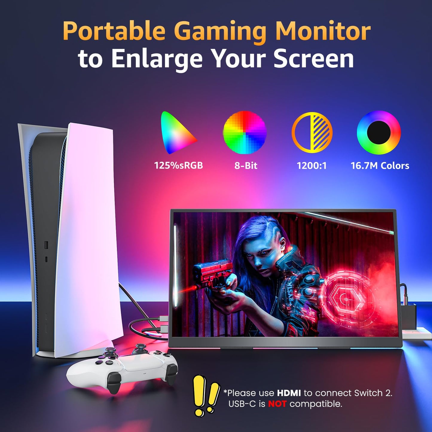 Portable Monitor 15.6" FHD 87% sRGB 60Hz IPS HDR HDMI USB-C Travel Monitor for Laptop MacBook PC Surface PS5 Xbox, External Display with Kickstand & Speakers, VESA Compatible