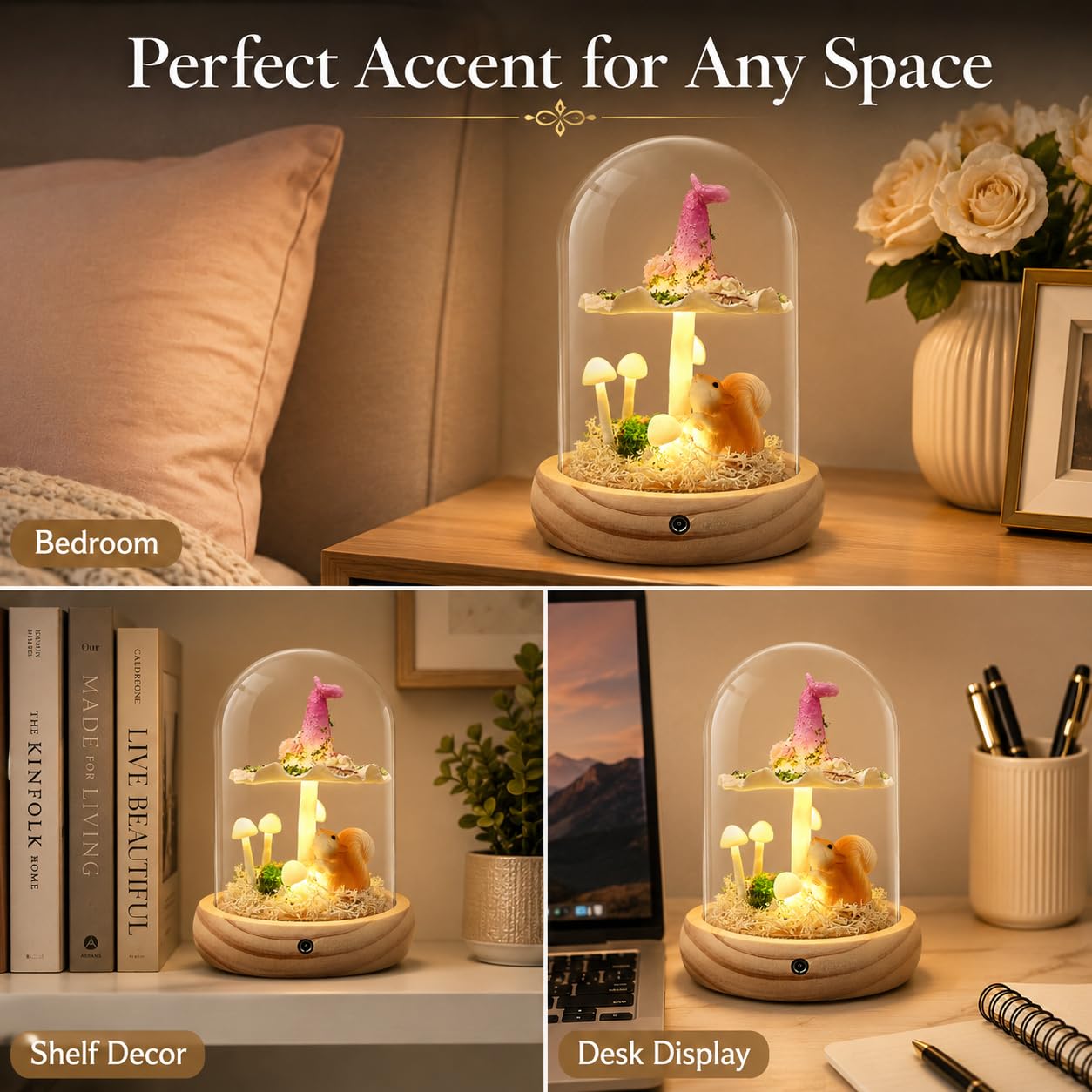 QUELIEN Mushroom Lamp in Glass Dome,Mushroom Gifts for Women - Warm LED Night Light for Bedroom Decor,Birthday Party Decorations,Ideal Birthday Gift Valentines Gift