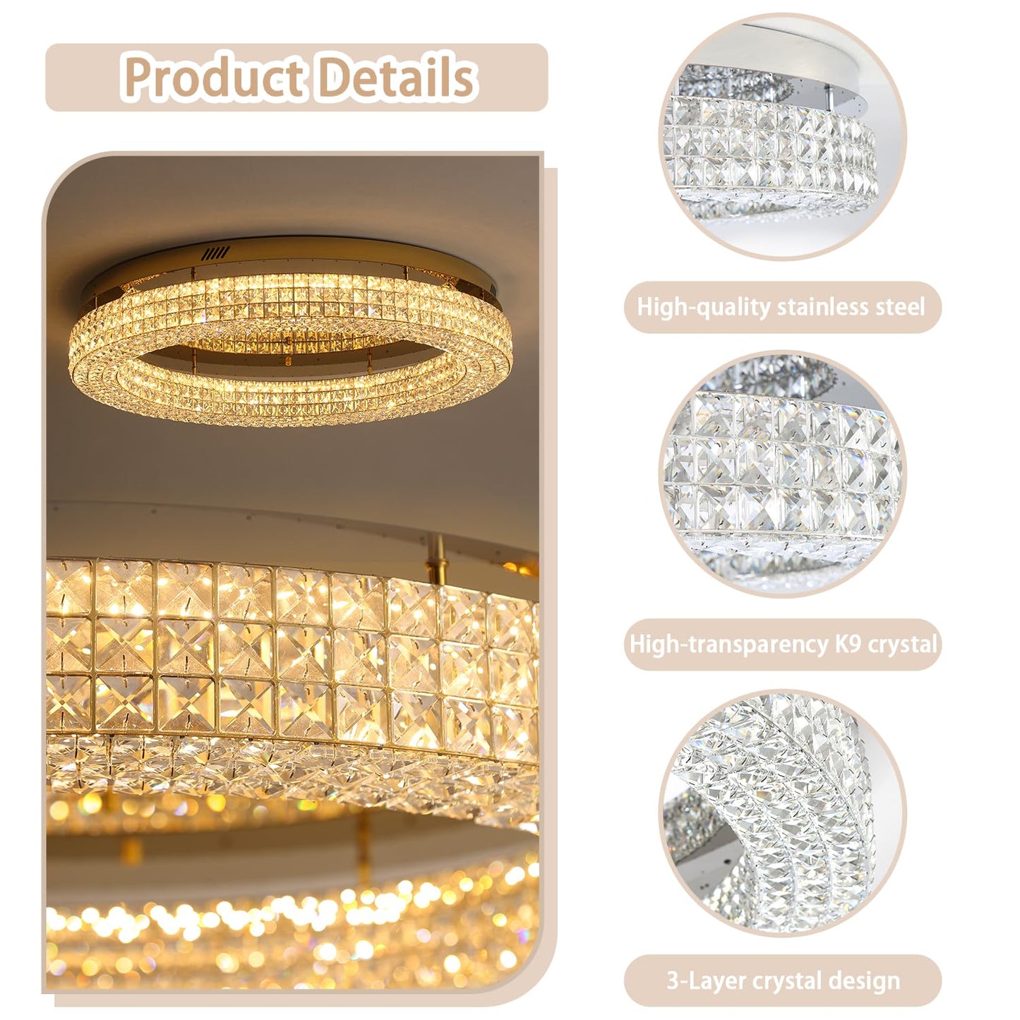 ykolupty 24" Crystal Chandeliers,Round Chandelier for Living Room Modern Ceiling Chandelier Flush Mount Ceiling Light Fixtures for Foyer Bedrooms Dining Room Hallway