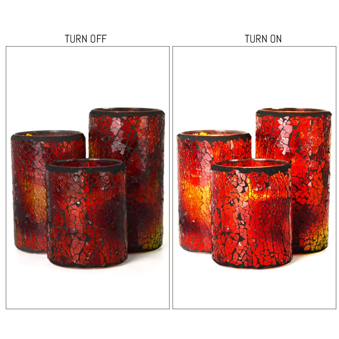TELOSMA LED Mosaic Flameless Candle, Red Yellow Cracked Glass Pattern Pillar Candle - Centerpieces Table Bed Fireplace Autumn Decor - Set of 3
