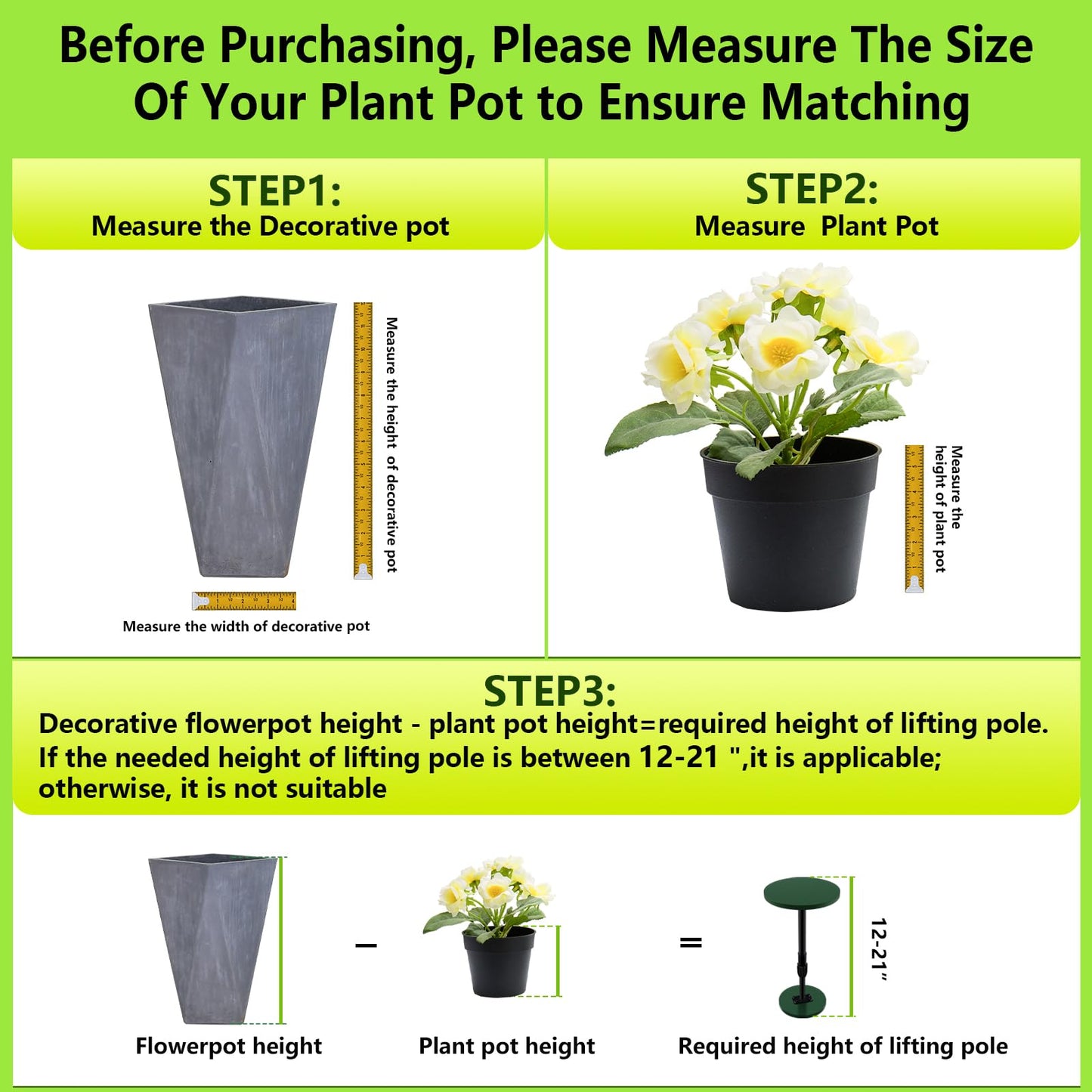 Axcoix 2 Pack Adjustable Height Plant Risers for Inside Pots, 12-21" Planter Inserts for Large Pots, Pot Fillers for Tall Square Round Taper Planters (6" 8" 10" Base or Top)