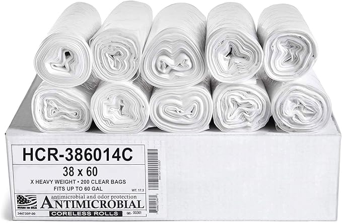 Aluf Plastics High Density Trash Bags, 60 Gallon, 14 Micron,
