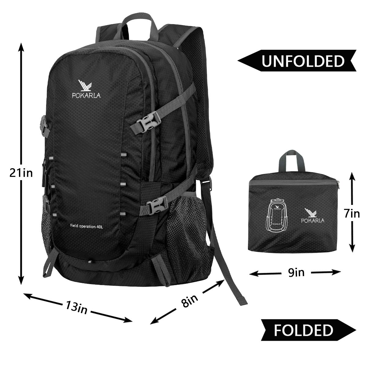 POKARLA 40L Foldable Rucksack Travel Hiking Daypack Durable Lightweight Walking Camping Folding Sports Outdoor Backpack Water Resistant Ultra Packable Carry On Bag Unisex Black