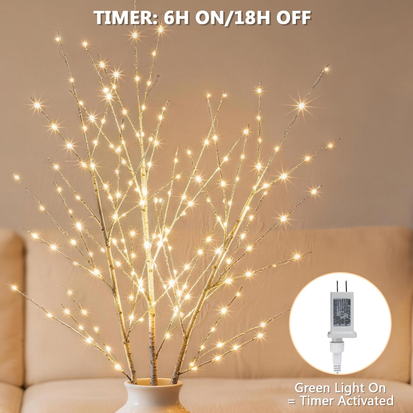 Bexdir Lighted Birch White Tree Branches 33IN 180LED with Timer Plug in, Artificial Tree White Birch Twig for Christmas Home Decor Party Wedding Bedroom