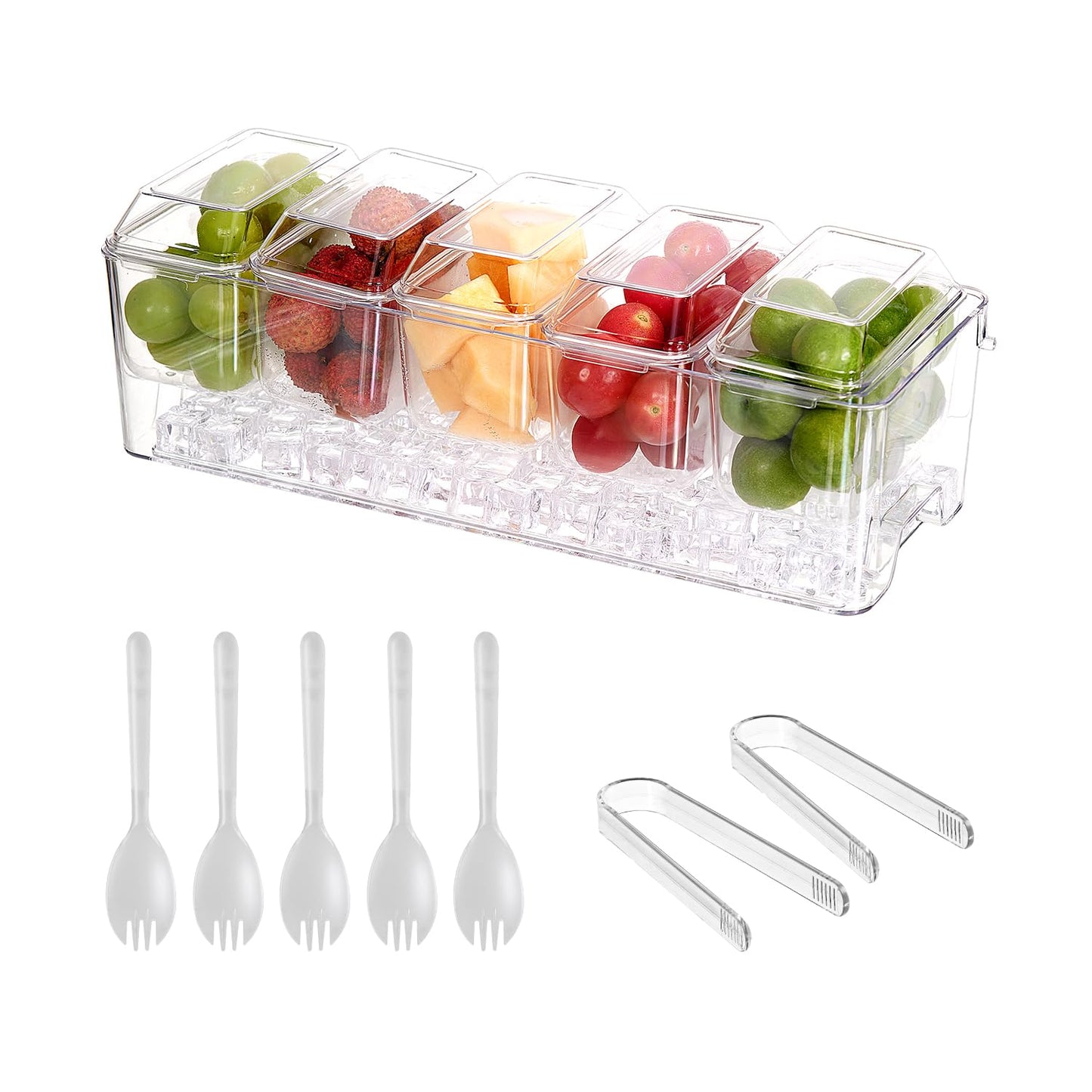 Chilled Condiment Server，Taco Bar Serving Set for Party，15.3" Condiment Serving Platters with 5 Separate Lids and Removable Compartments, Set of 5 Serving Spoons & 2 Clips (5 Containers, 1 pack)