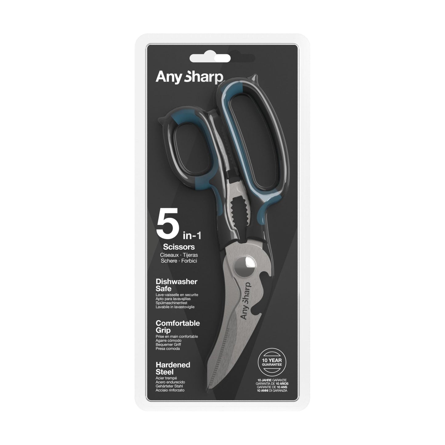 AnySharp 5-in-1 Multi-Function Kitchen Shears - Kitchen Scissors Heavy Duty with Hardened Steel Blades - Cut Chicken Bones and Thick Fabrics - Grip for Both Left and Right Handed - Dishwasher Safe
