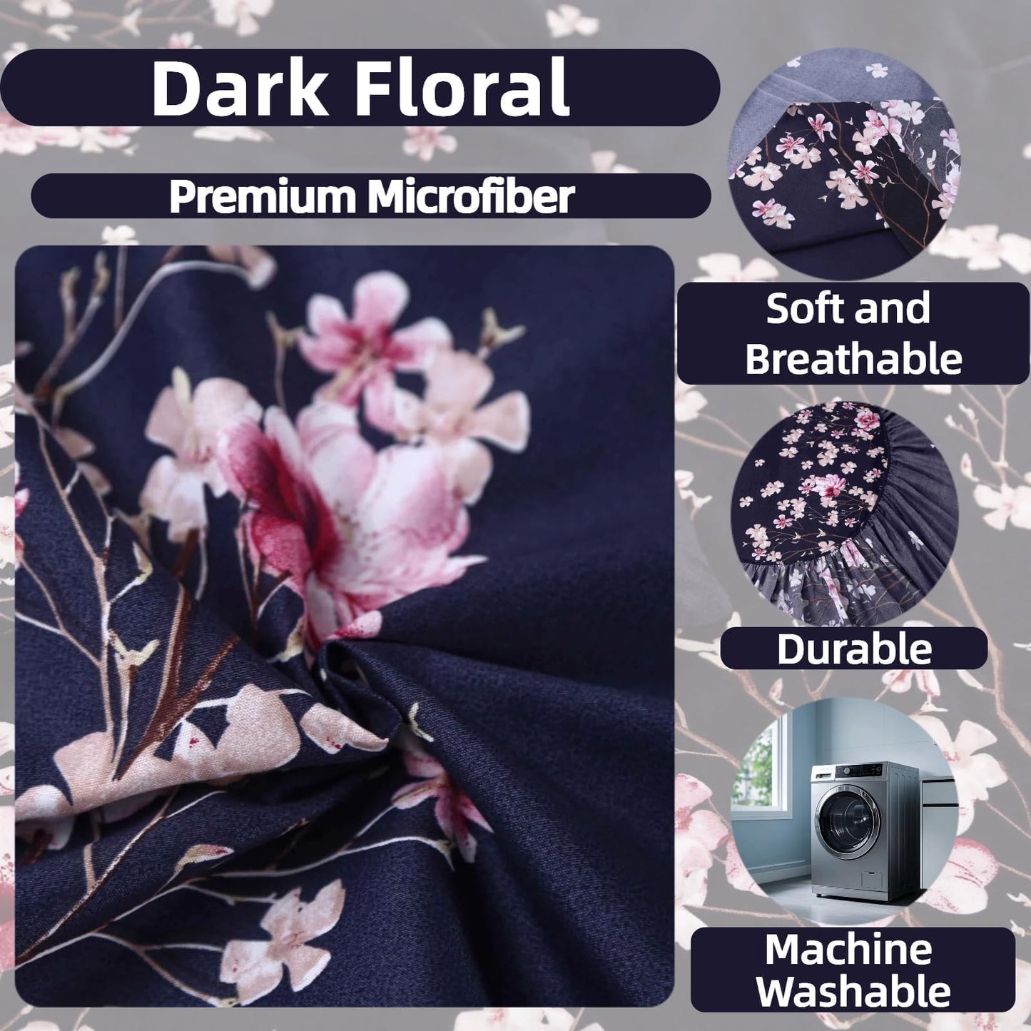 SDIII Navy Blue Floral Fitted Sheet Twin with 2 Pillowcase, Deep Pocket Soft Microfiber Dark Floral Twin Sheet All Season