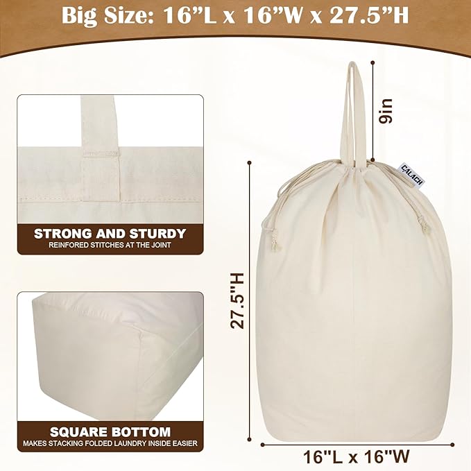 Canvas Laundry Bags with Handles & Square Base 16"Lx16"W x27.6"H, Extra Large