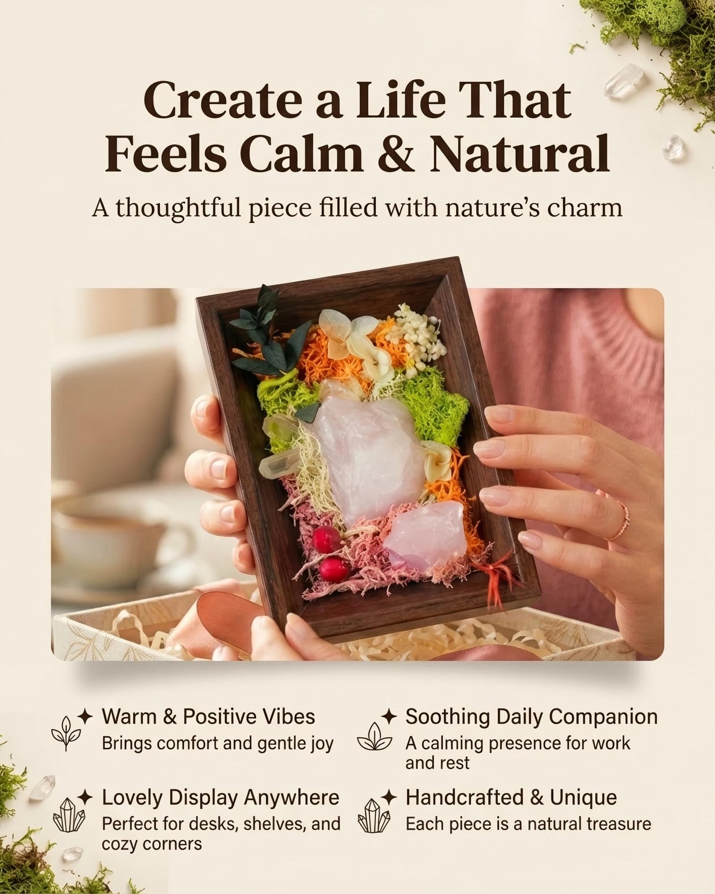 Natural Amethyst Crystal Wooden Frame Display with Preserved Flowers, Home Protection Healing Stones Decor Set, Purple Clear Pink,Housewarming Gift (White)
