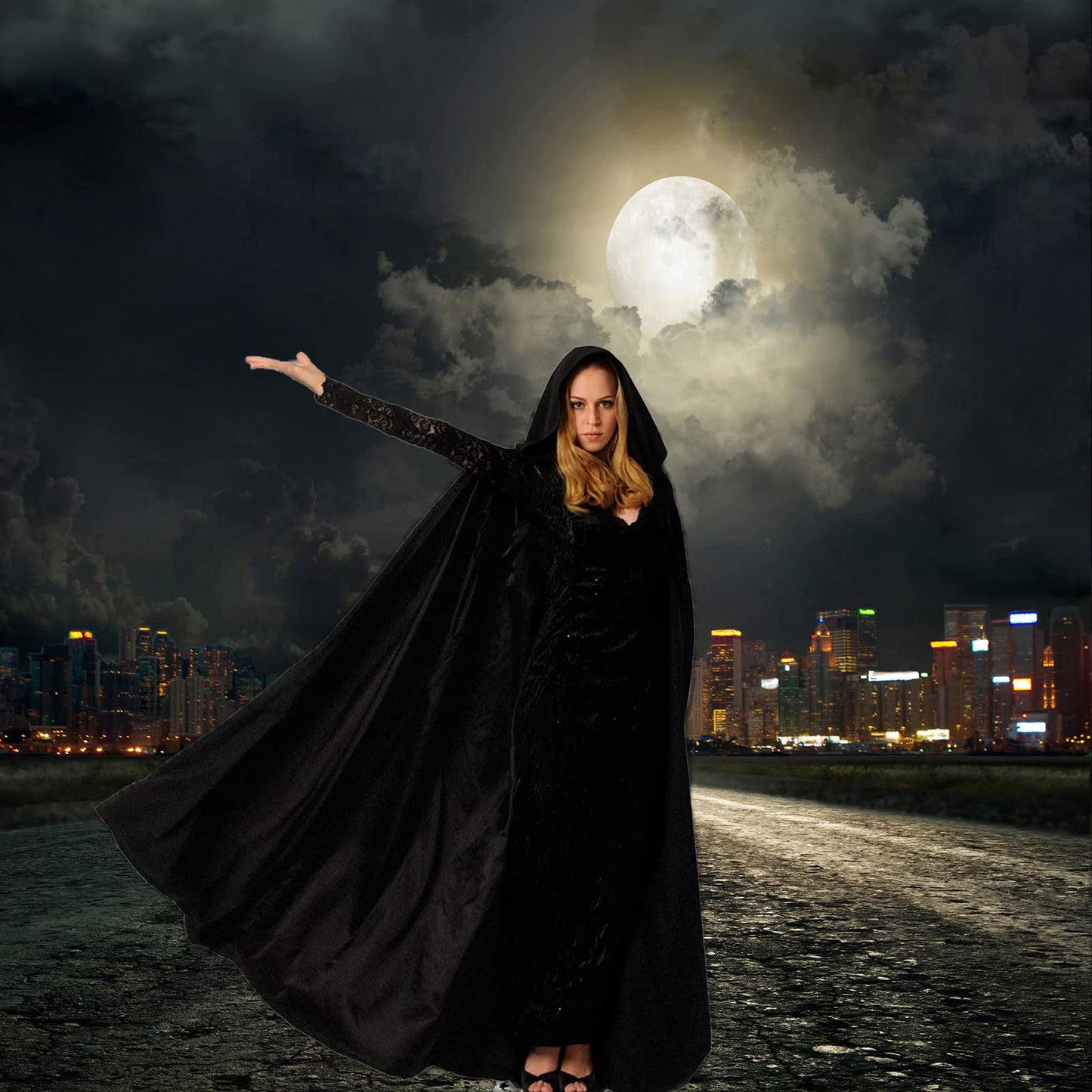 YIHELU Unisex Black Velvet Cape - Long Cloak for Adults & Kids, Halloween Witch Vampire Cosplay Masquerade Party (L, Black)