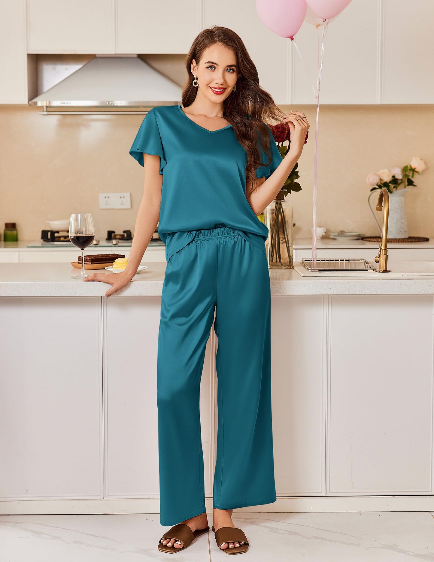 Ekouaer Women's Satin Silky Pajama Set 2 Piece Short Sleeve Shirt with Long Pants Pjs Sets Soft PJ Loungewear S-XXL