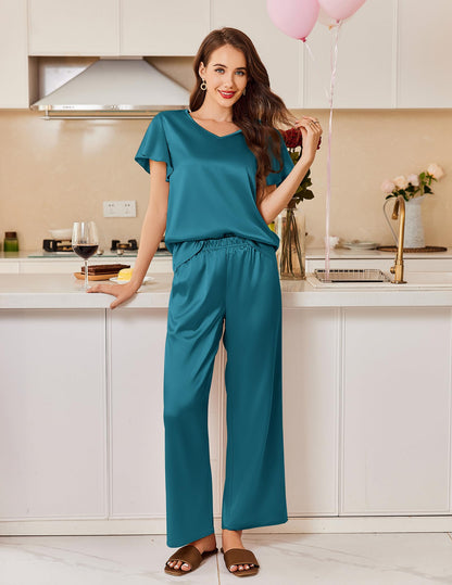 Ekouaer Women's Satin Silky Pajama Set 2 Piece Short Sleeve Shirt with Long Pants Pjs Sets Soft PJ Loungewear S-XXL