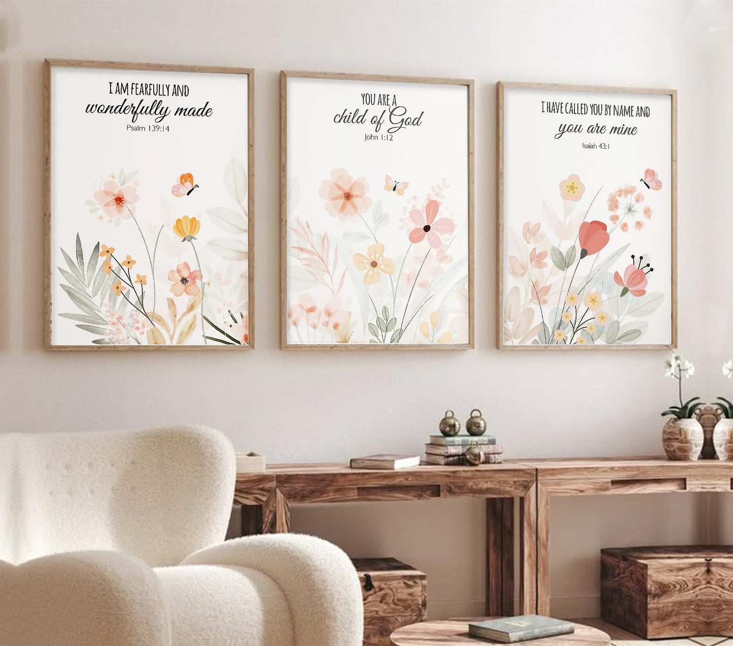 3pcs Framed Floral Wall Art Pieces, Christian Art, Bohemian Wall Decorations, Inspirational Bible Verse Canvas Paintings, Wildflower Patterns, For A Girl'S Room And Living Room, 12x16 Inch