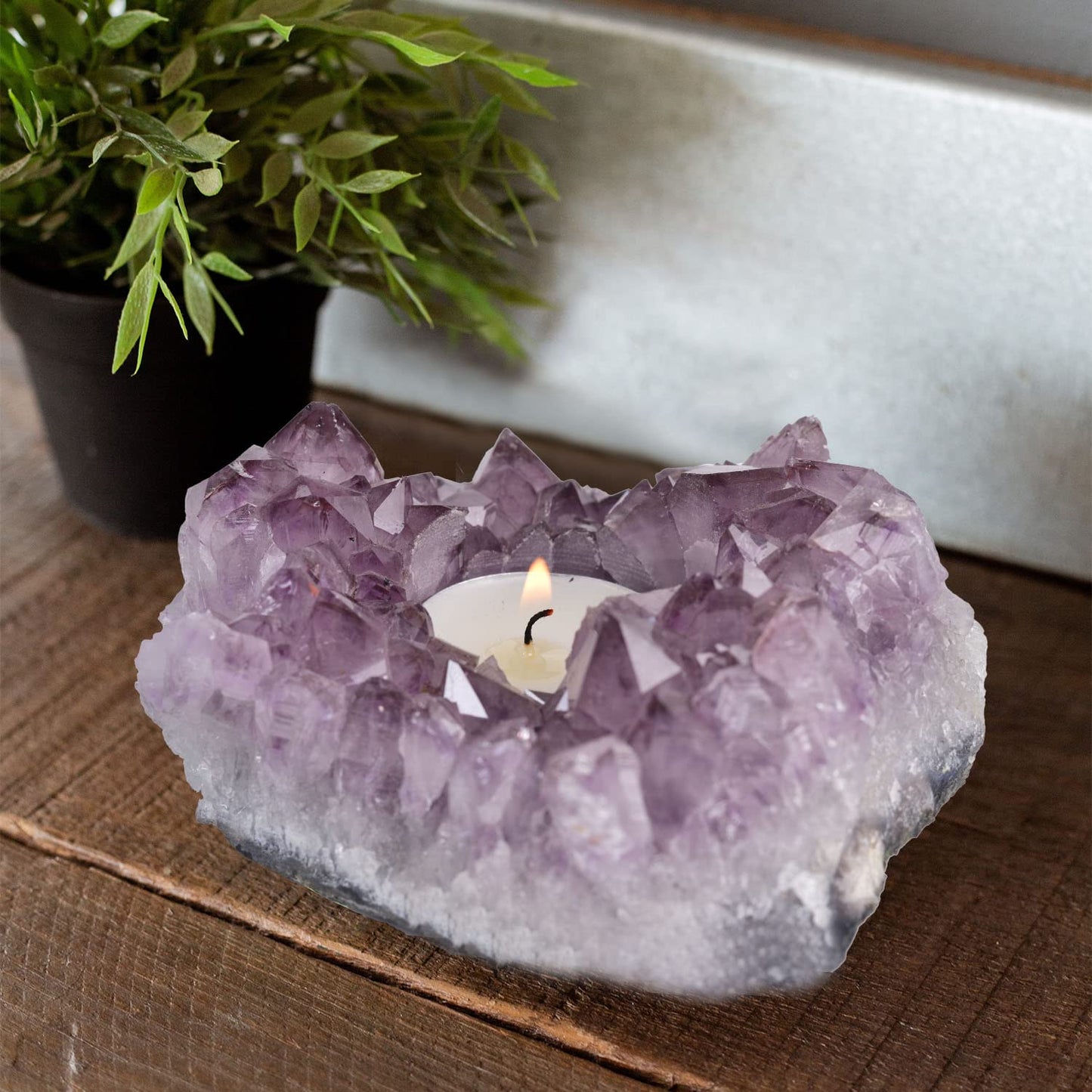 JIC Gem Amethyst Candle Holder Natural Purple Crystals Candle Stand Large Amethyst Tealight Candle Holders Home Decoration 5.5 Inch