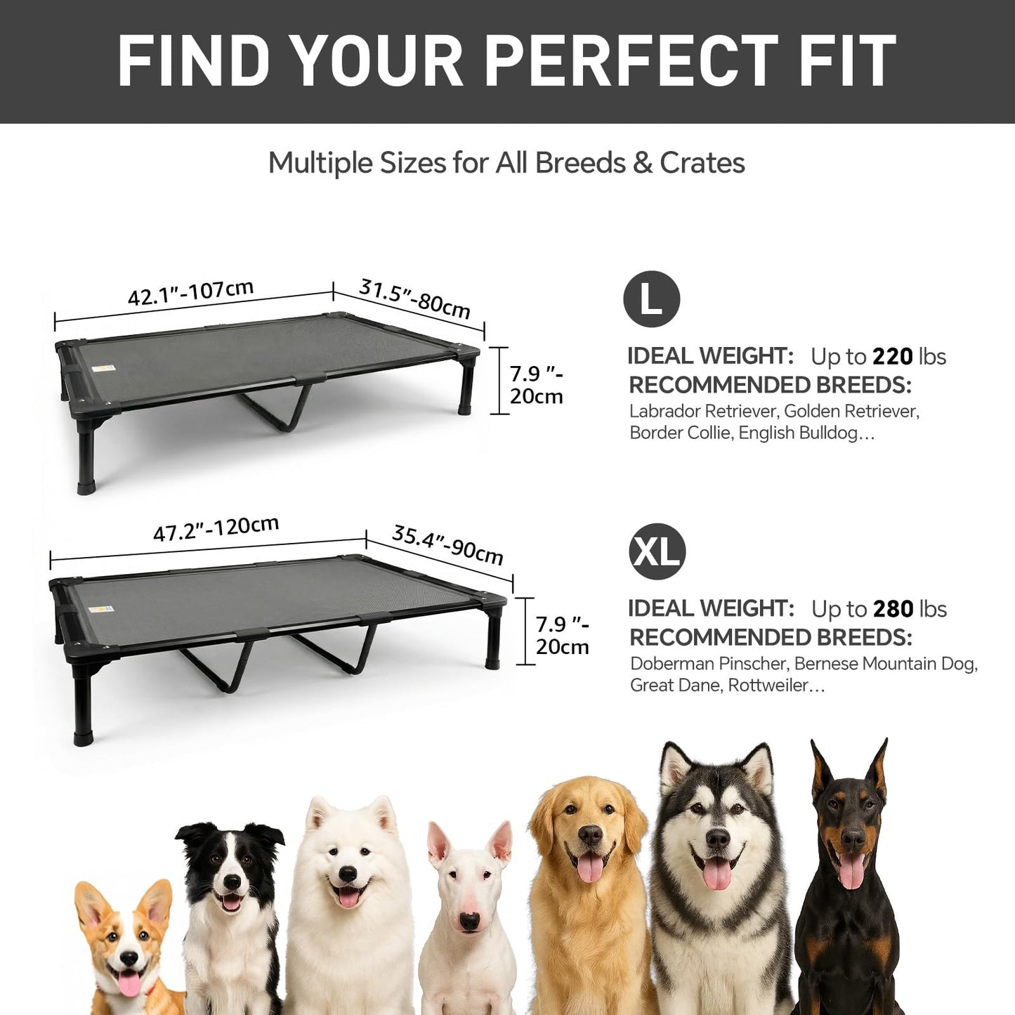 Sytopia 42'' Indestructible Outdoor Elevated Dog Bed for Large Dogs, Chew-Proof Pet Camping Raised Cot with Breathable Mesh - Durable Frame, Cooling Hammock Bed, Non-Slip Feet, Waterproof, Easy Clean