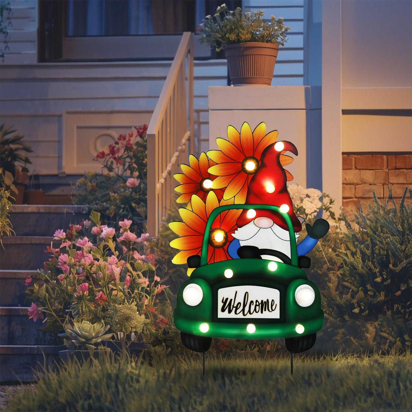 WONDER GARDEN Sunflower Yard Sign Decoration, 22.4" Metal Gnome Truck with LED Lighted, Outdoor Summer Garden Welcome Sign Stake, Outdoor Spring Truck Yard Decoration, Gift for Mom