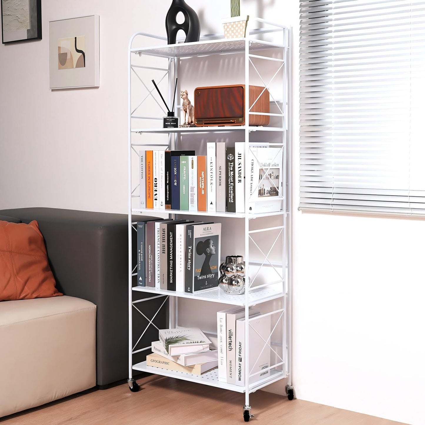 villertech Foldable 5-Tier Metal Shelf with Wheels - Folding Bookshelf Unit for Living Room, Kitchen, Study 12.6" D x 23.6" W x 57.0" H, Glossy White