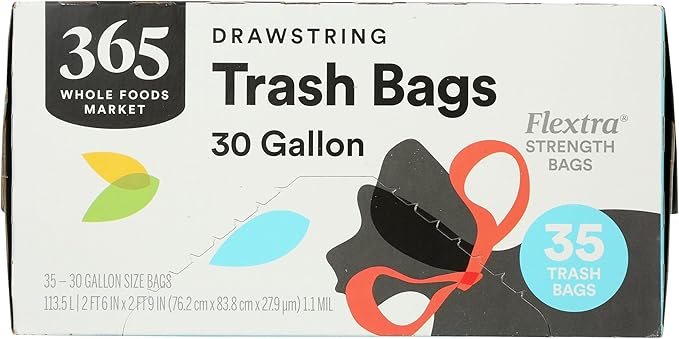 365 by Whole Foods Market, Flextra Strength Drawstring Trash Bags, 30 Gallon