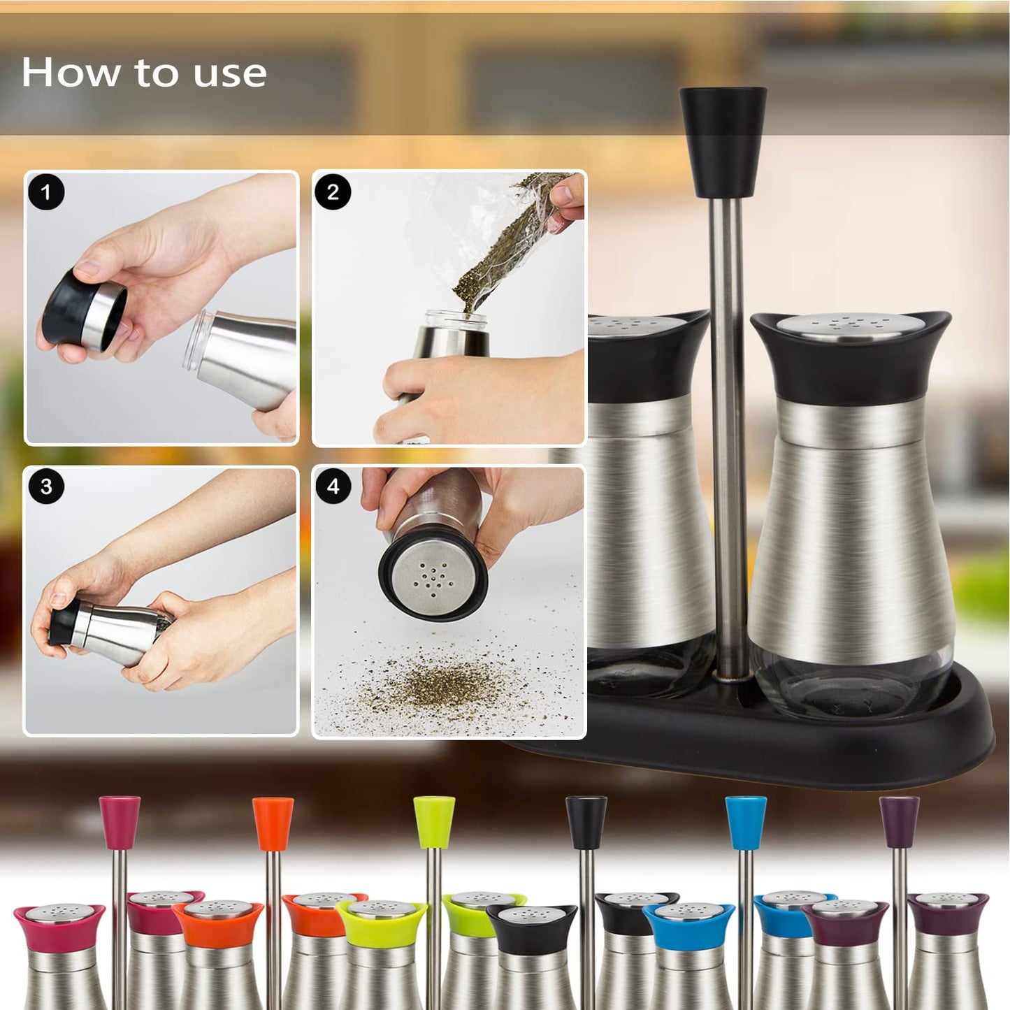Evelyne 2-Piece Set Salt & Pepper Glass Shaker Stainless Steel Cover with Tray