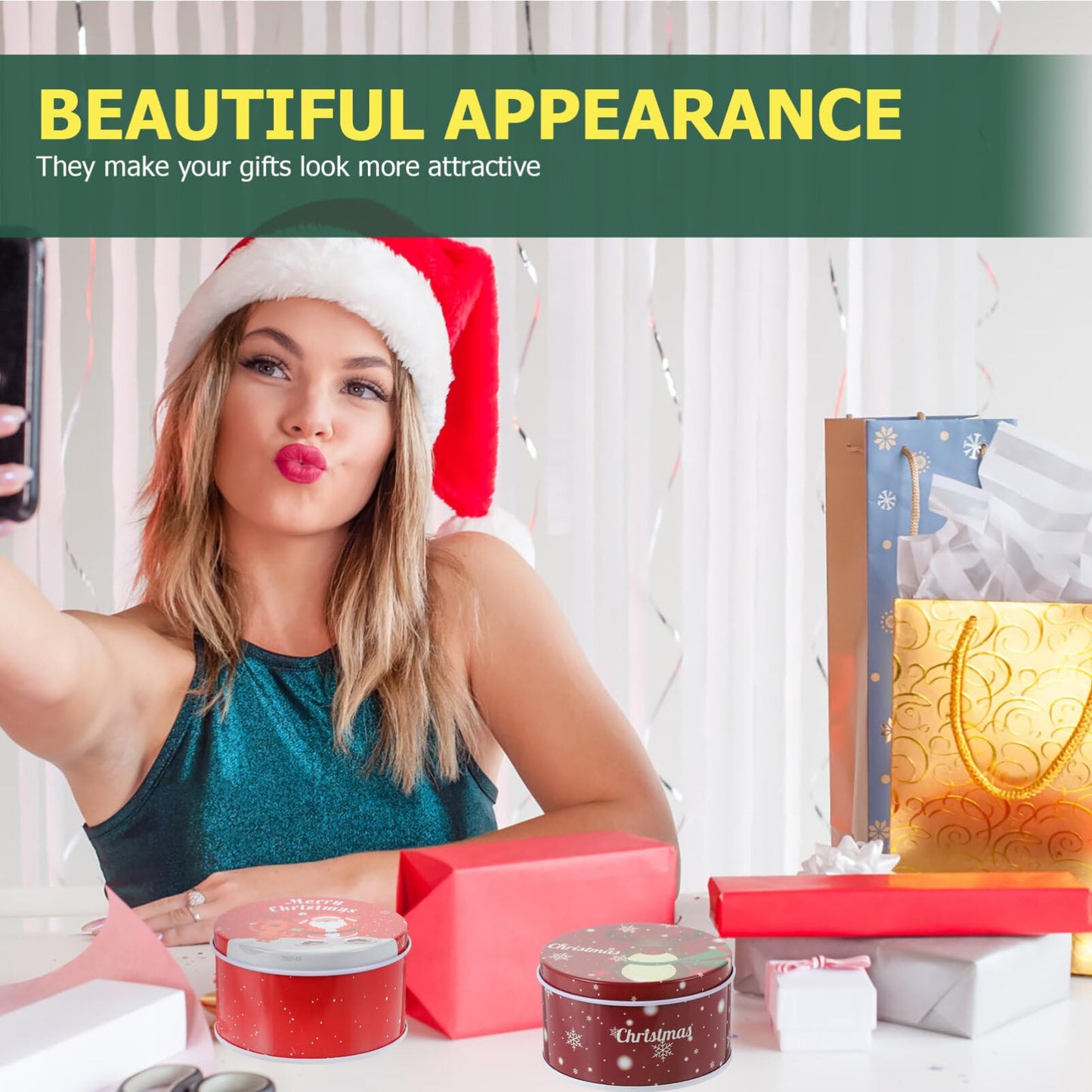 Angoily Christmas Cookie Tins with Lids, 12pcs Round Christmas Candy Tin Set, Holiday Containers for Homemade Cookies Treats, Small Reusable Metal Storage Boxes Holiday Party Favors Packing Boxes