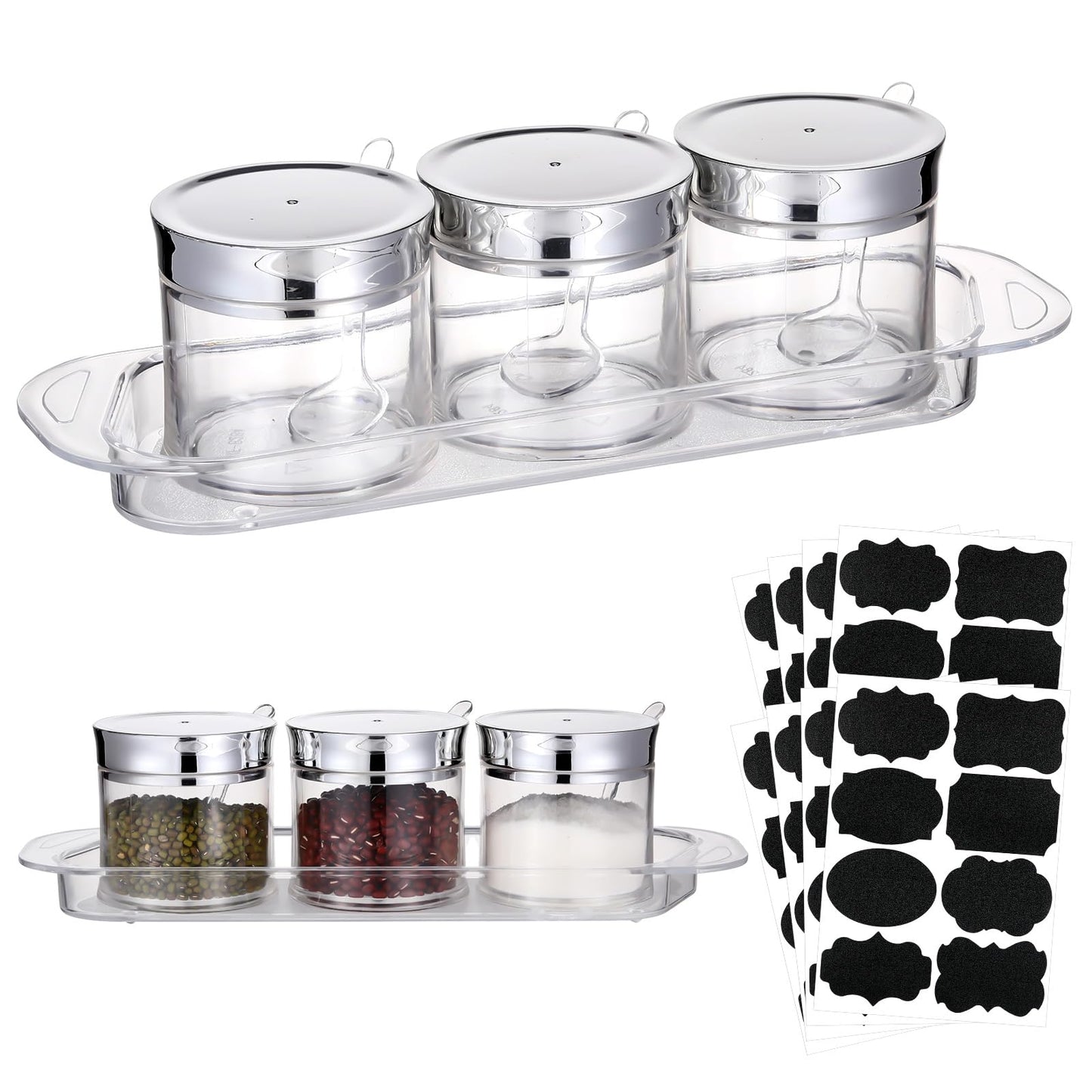 Ferrochef Set of 3 Acrylic Sugar Container with Lid Spoon and Tray 7oz Clear Condiment Coffee Jars Container with Labels Seasoning Salt Box Set for Kitchen Storage Coffee Bar