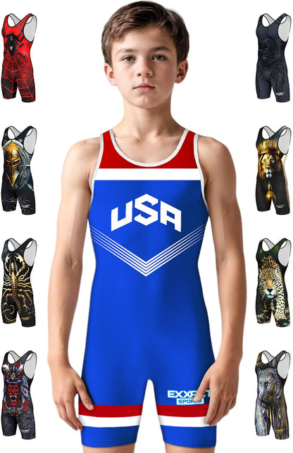 Exxact Sports Sublimated Youth Wrestling Singlet For Boys, Premium Powerlifting Singlet, Kids Wrestling Singlets For Training (YL, Royal Blue USA)