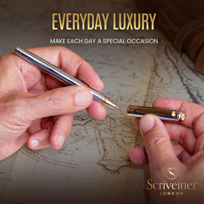 Scriveiner Silver Chrome Rollerball Pen - Stunning Luxury Pen, Real Gold Plating, Schmidt Ink Refill, Best Roller Ball Pen Gift Set for Men & Women, Professional, Executive Office, Fancy Pens