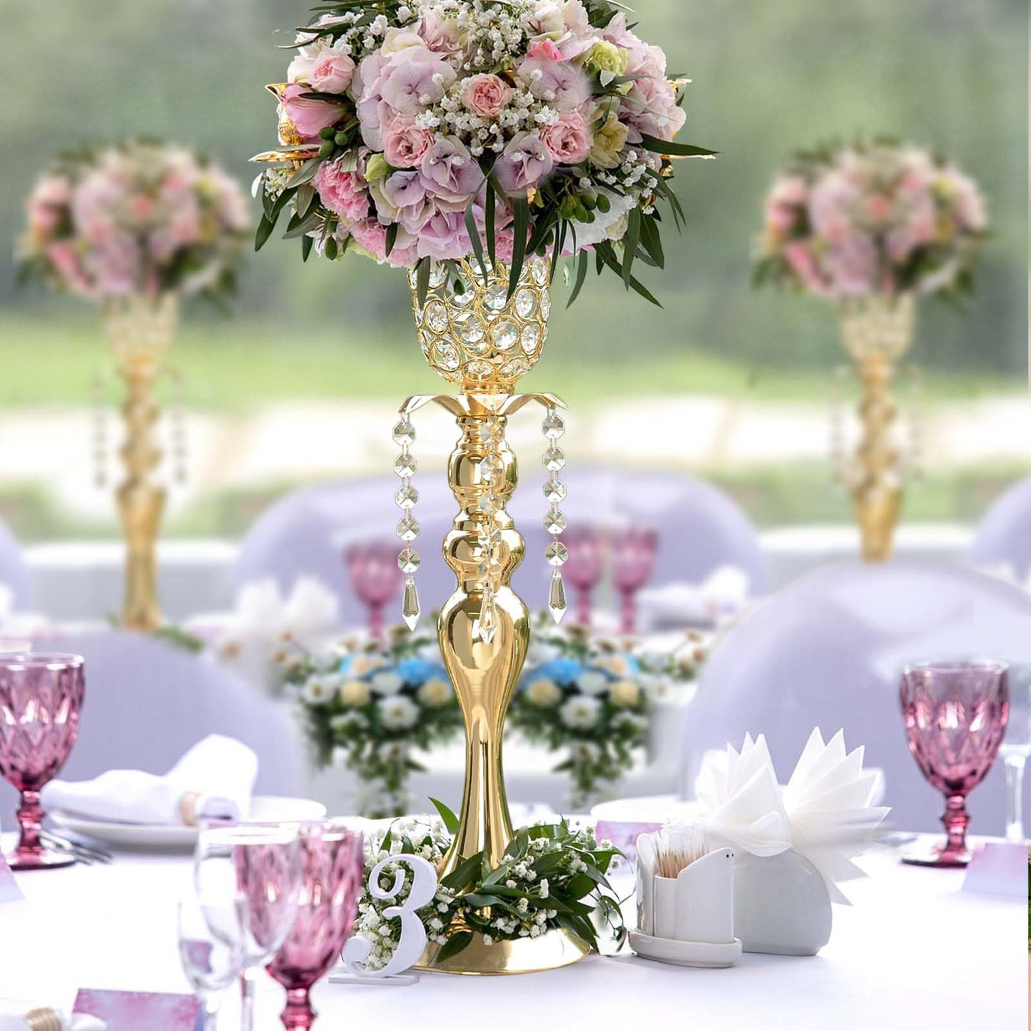 Kehail 2Pcs Gold Crystal Metal Vase Set - Tulip & Trumpet Wedding Centerpieces, Artificial Flower Arrangement Vases for Home Decor, Restaurant Table Displays