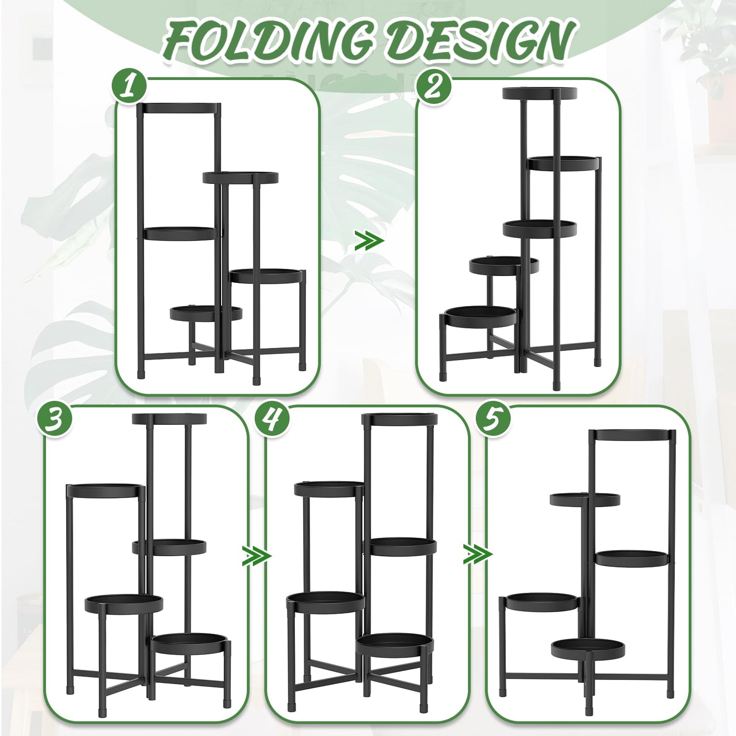 iDavosic.ly Plant Stand for Indoor Outdoor 2 Pack, 5 Tier Metal Folding Flower Holder Shelf and 4 Layer 28 Inch Tall Corner Pot Display Rack for Patio Living Room Garden Balcony Bedroom Porch, Black