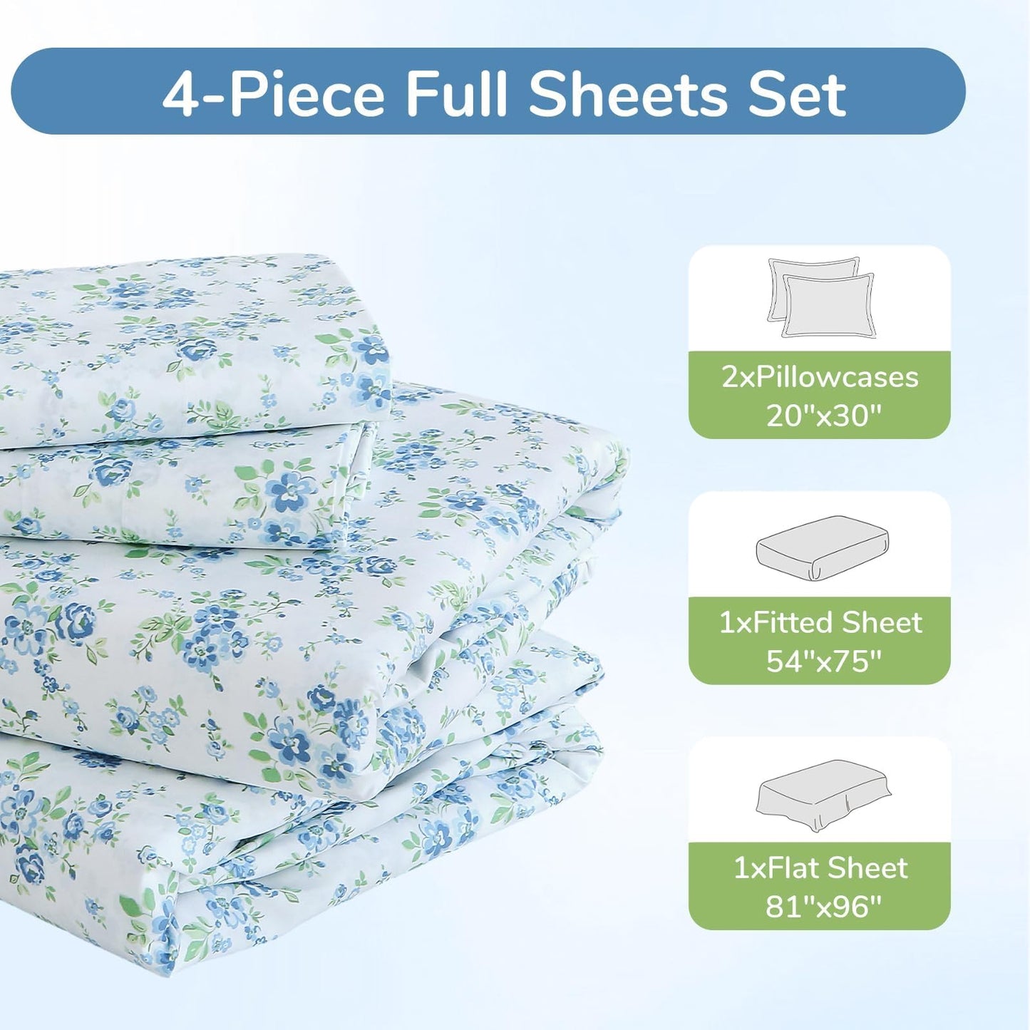 MUXHOMO Full Size 4 Piece Sheet Set, Soft Breathable Bed Sheet Set for Bedroom with Deep Pocket Up to 16", Wrinkle-Free & Cooling Bedding for Oeko-TEX Certified - Blossoms Light Blue