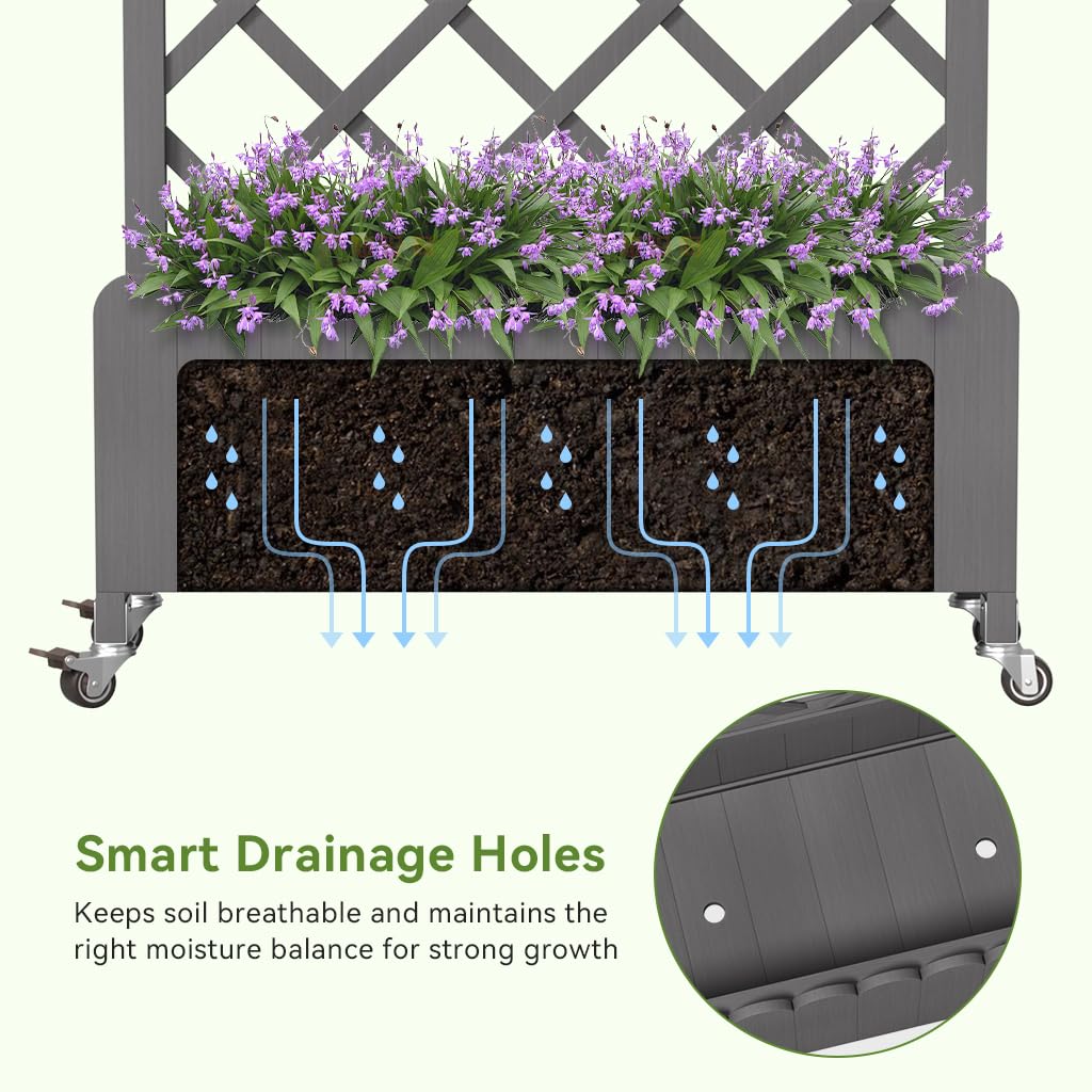 COMHOMA 2 Pack Raised Garden Bed with Trellis and Wheels,48Inch Elevated Planter Box with Drainage Holes,Lattice Privacy Screen for Climbing Plants Vegetables,Outdoor for Patio Balcony Yard,Gray