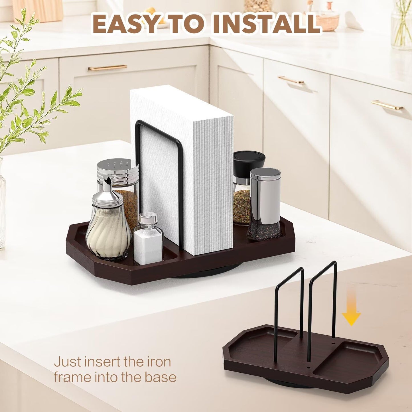 FODIENS Napkin Holder for Table, Rotating Napkin Dispenser with Salt and Pepper Shakers Storage, Standing Paper Napkin Organizer for Kitchen Dining Table Decor (1, Brown)