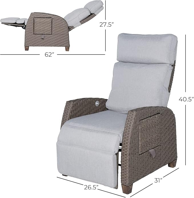 Grand patio Indoor & Outdoor Recliner Chair PE Wicker Patio Recliner with Flip Table Reclining Lounge Chair, Mist Grey