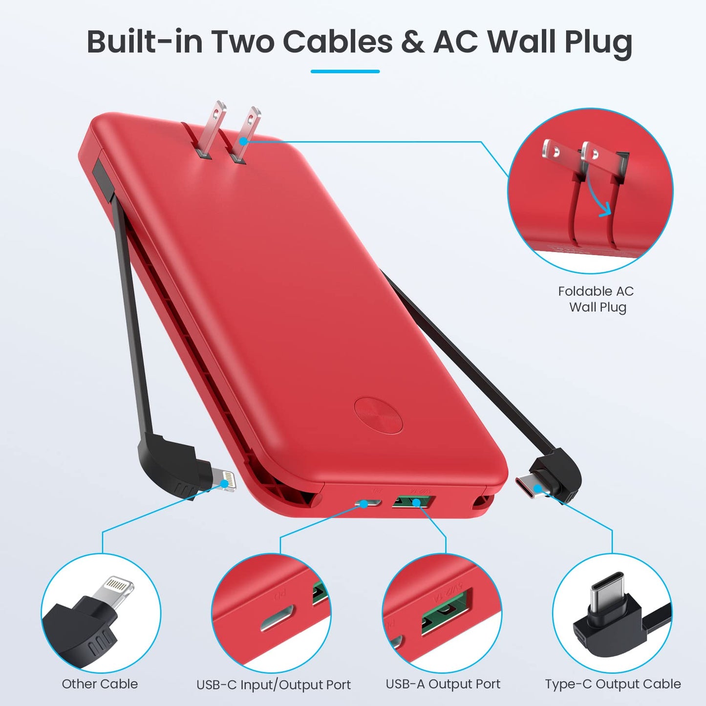 Portable Charger 50800mAh Power Bank with 3 Built in Cables,25W PD QC4.0 Fast Charging USB C Battery Pack,6 Outputs 2 Inputs Travel Essentials Portable Phone Charger for iPhone 17/16/15,Google,Android