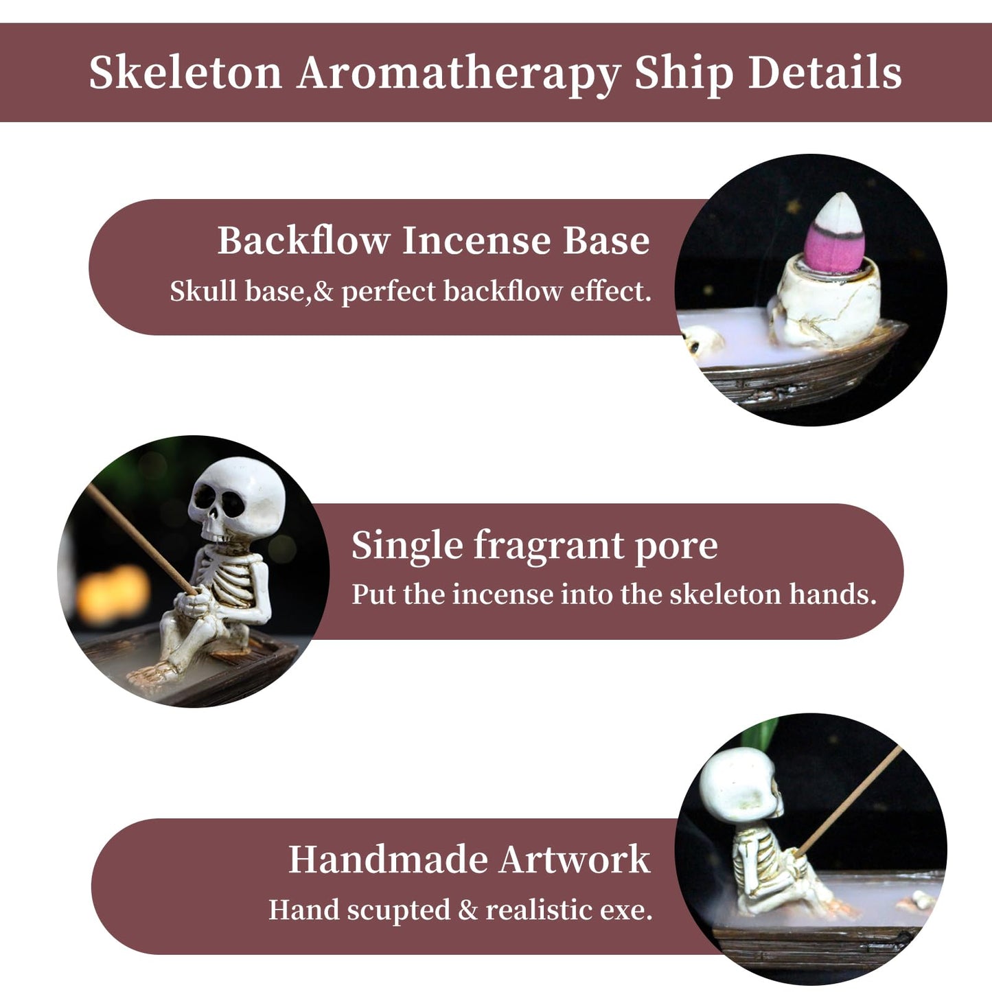 Incense Burner, backflow Incense Burner,Skeleton Ship Incense Holder,Hand-Carved Decorations,Cool Room Decorations, Awesome and Ideal Gifts, Brown