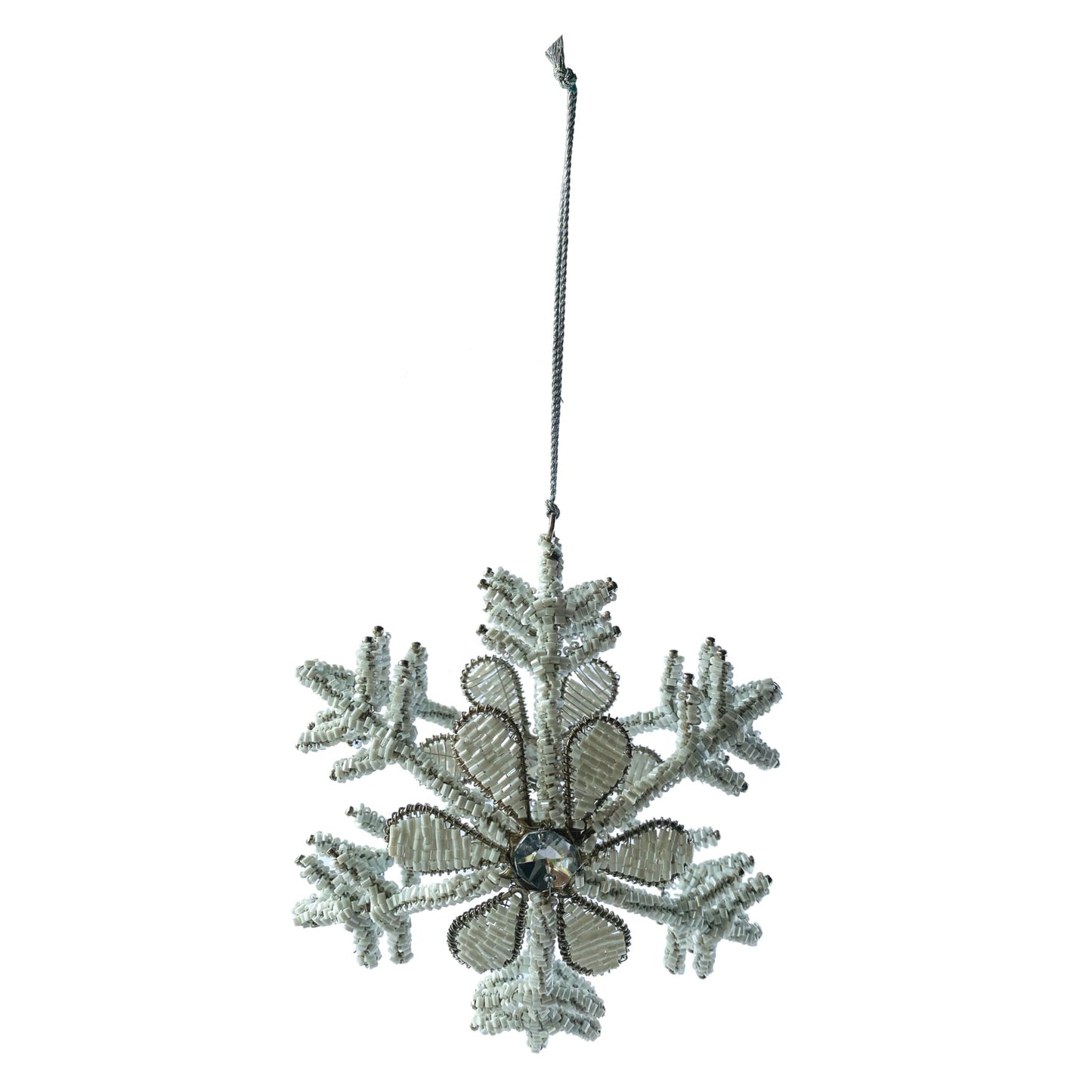 Creative Co-Op Metal and Glass Beaded Snowflake Ornament, White and Silver Finish