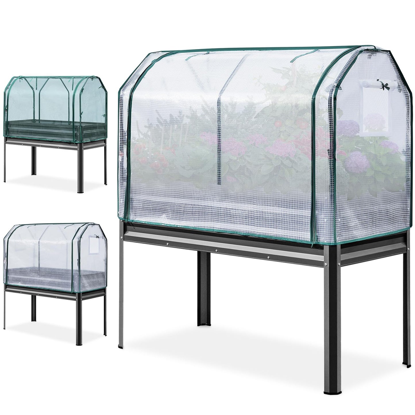 KING BIRD Large Raised Garden Bed with Cover & Netting Galvanized Elevated Planter Box with Legs 48×24×56 in for Backyard, Patio, Balcony, 400lb Capacity, Dark Grey