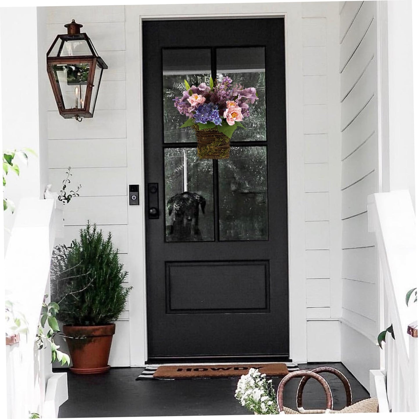 Lavender Door Hanging Basket Wreath, Artificial Floral Spring Wreath for Front Door Porch Wall, Summer Wildflower Home Decor