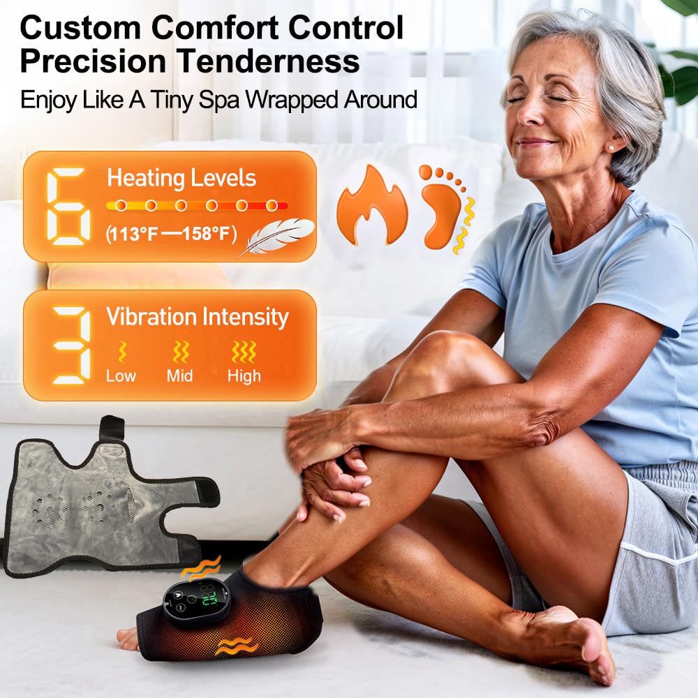 TOSOENPHY Foot Massager for Neuropathy Plantar Fasciitis Pain Relief, Cordless Heated Vibrating Cloud-Soft Ankle Wrap Feet Massage, Portable 2H Run Time, 6 Heats, 3 Modes, Auto-Off Timer,1 Pair