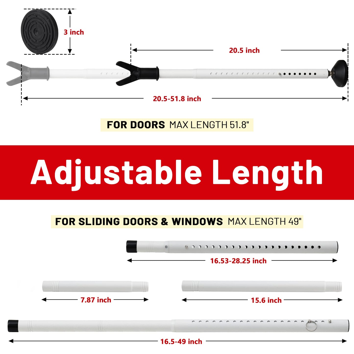 Keplrend Heavy Duty Door Jammer Security Bar - Adjustable Sliding Door Security Bar - Door Stoppers - White