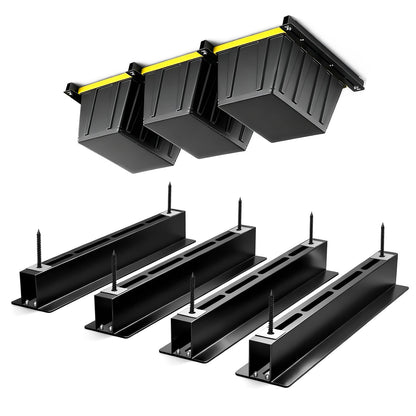 Yuleimy Overhead Garage Storage Rack for 27 Gallon Totes (6-Pack for 3 Bins), Heavy Duty Metal Ceiling Mount Hanging Bin Rails, Adjustable Storage Track System for Workspace Organization