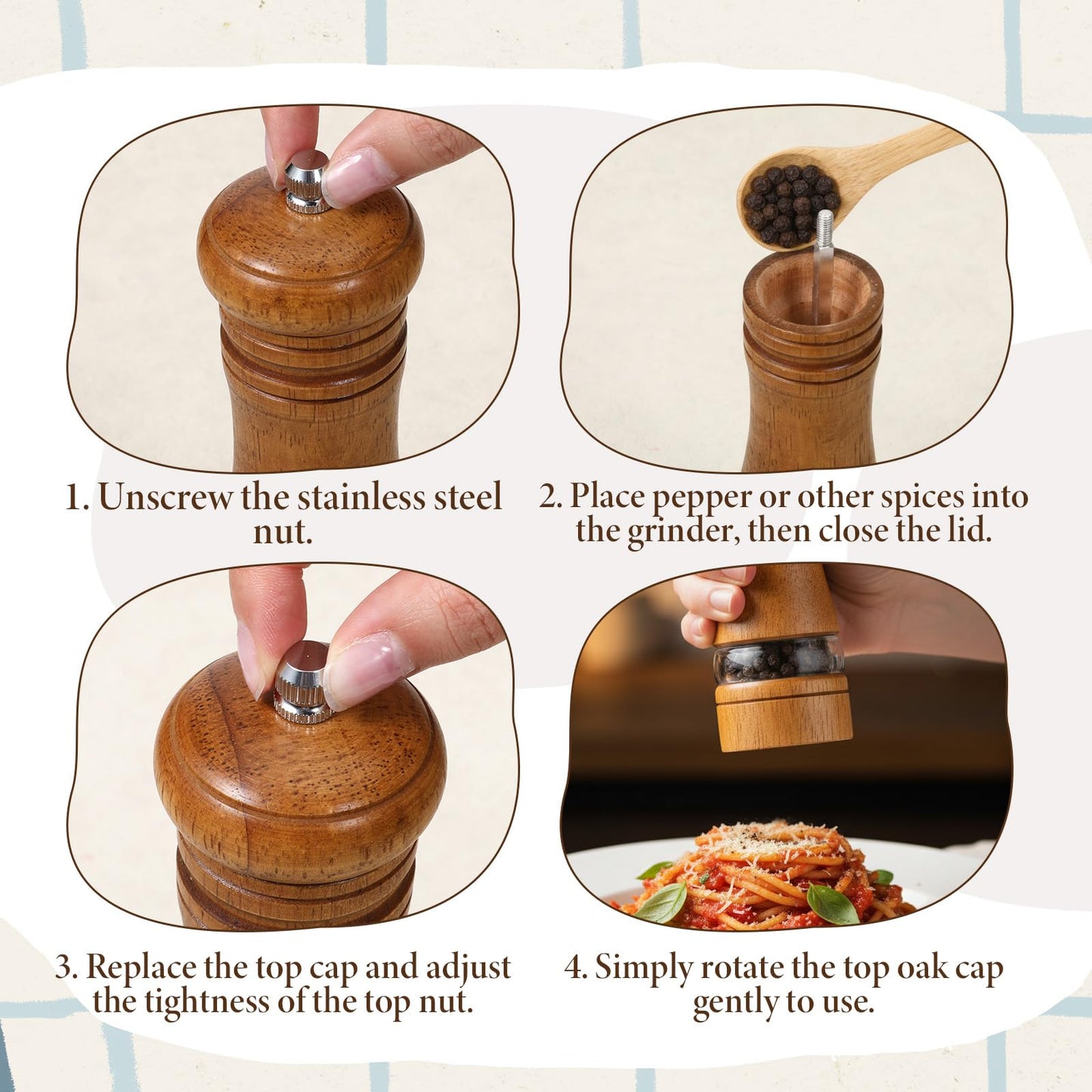 MySHUCE 2 Pack Wooden Salt and Pepper Grinder With Salt & Pepper Mill Tray, Adjustable Ceramic Grinding Rotor Manual Spice Grinder Refillable Salt Mill Sets with Acrylic Visible Window for Home Cooks