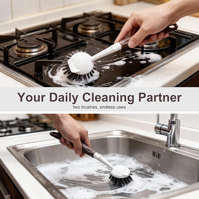Dish Brush, 2 Pack with Comfortable Handle, with Built-in Scraper, Scrub Brush