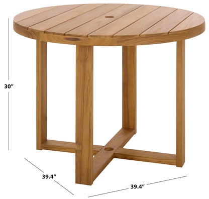 SAFAVIEH Couture Outdoor Patio Furniture Collection – Mayaguana Natural Teak Solid Wood Round Dining Table, Slatted Top with Umbrella Hole, Modern Outdoor Design (CPT1061A)