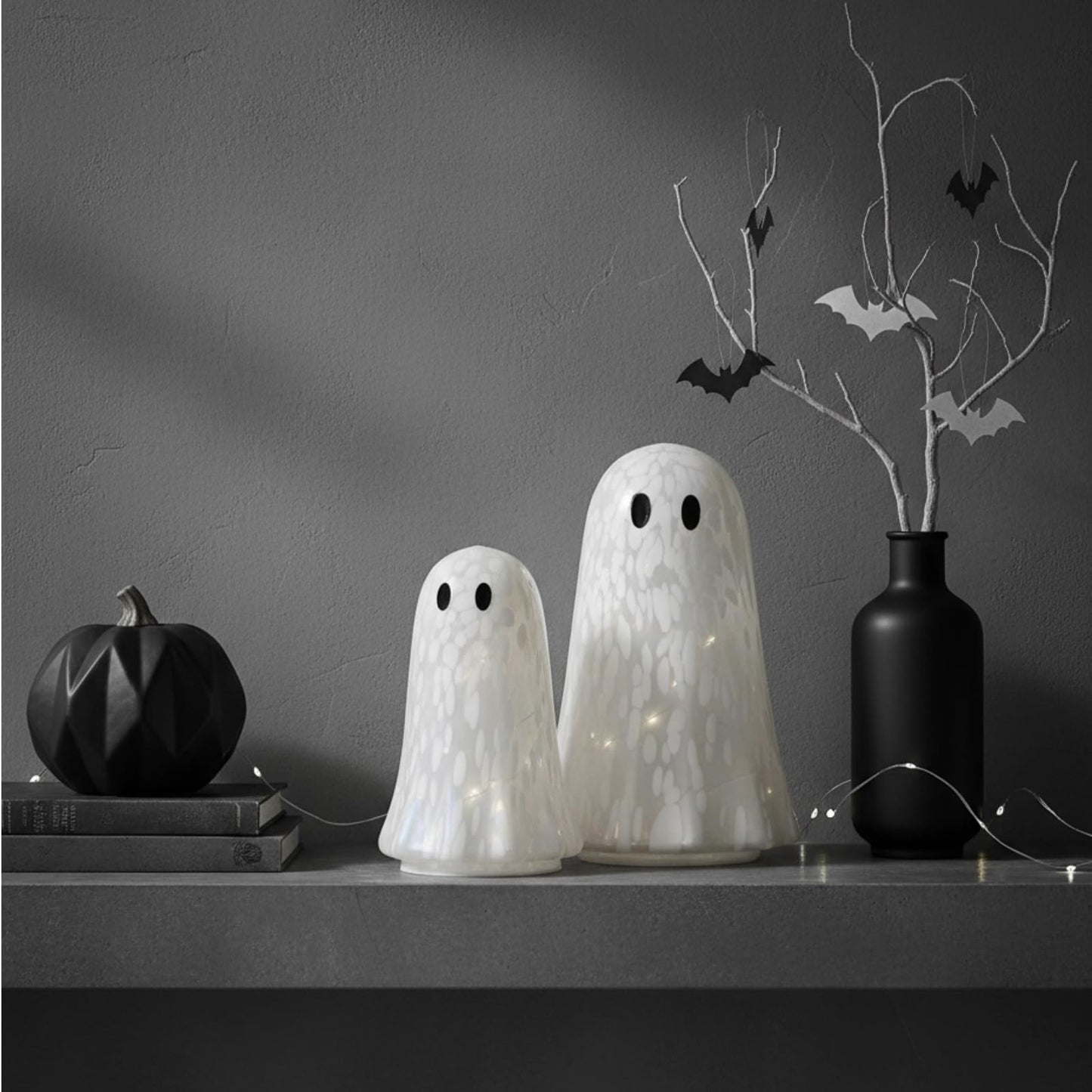 Flutesan 2 Pcs Halloween Confetti Ghost Glass Table Light Set, Cute Glass Ghost Light up for Home Halloween Party Tabletop Kitchen Counter Fireplace Mantle Decoration