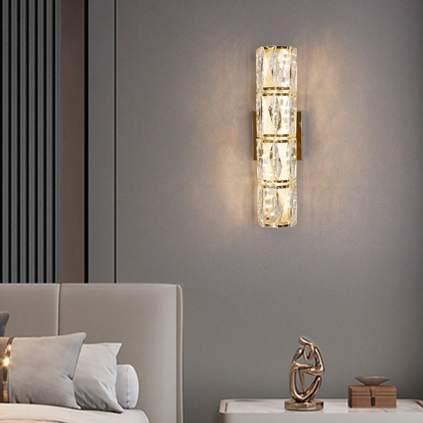passong Gold Crystal Wall Sconces, Dimmable LED Wall Light Fixtures with Remote, Modern Luxury K9 Crystal Vanity Lighting for Bedroom Bathroom Living Room Hallway Stairway, Hardwired 3000K-6000K