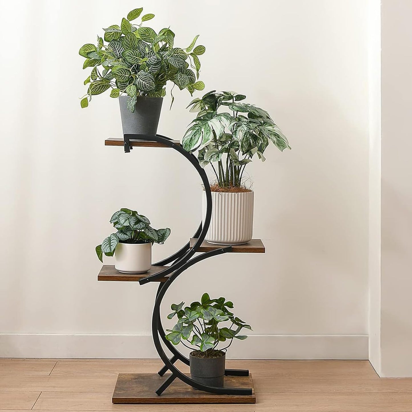 gibxiyza Plant Stand Plant Shelf Indoor Outdoor Metal 4 Tier 5 Potted Multiple Flower Pot Holder ShelfPlanter Display Shelving Unit for Patio Garden Corner Balcony Living Room Black Coffee